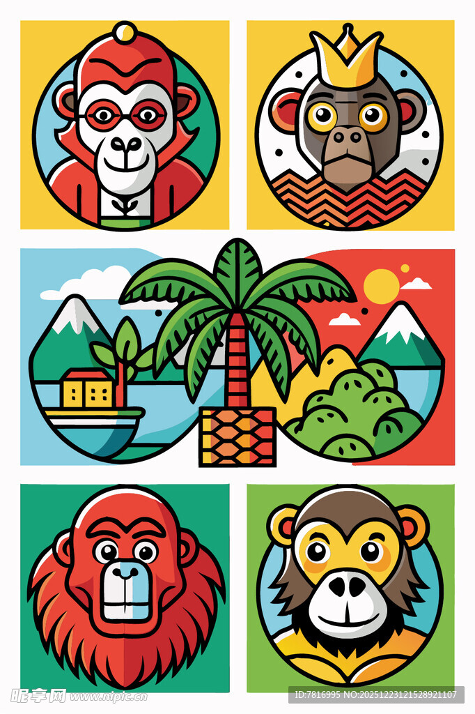 多彩猴子与热带风光图案