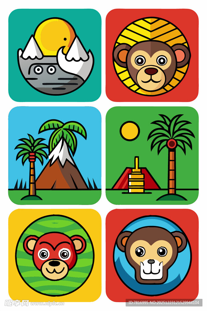 多彩猴子与热带风光图标