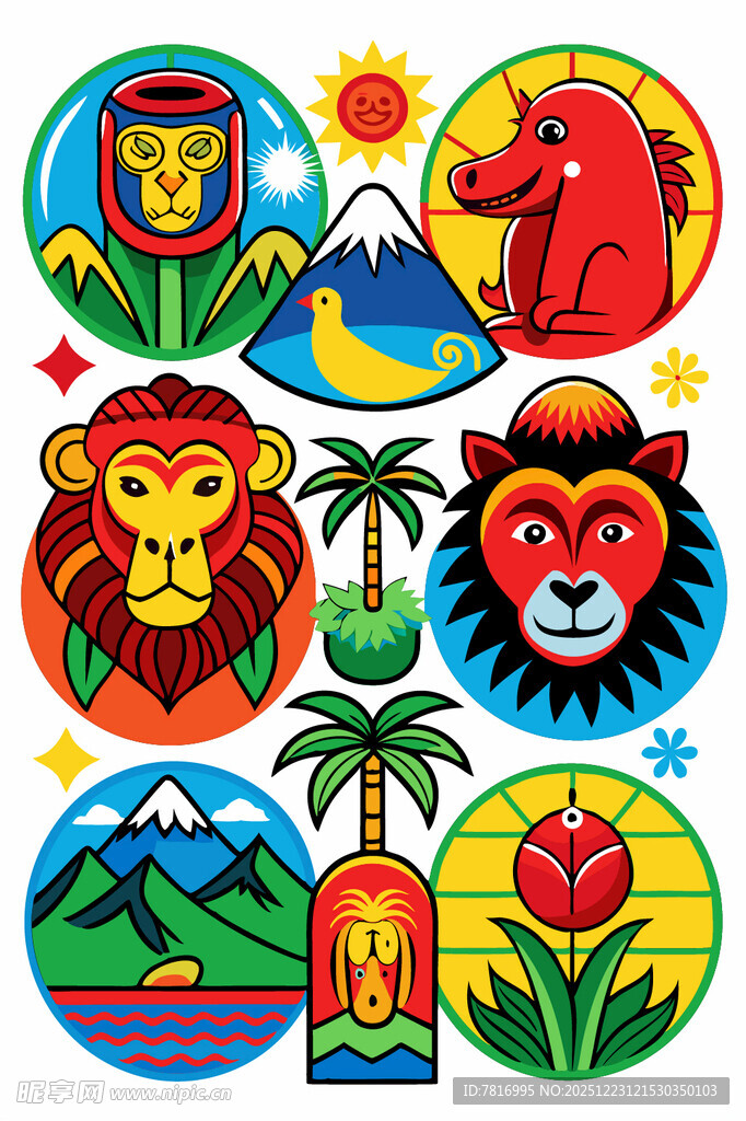 多彩动物与风景图案集合