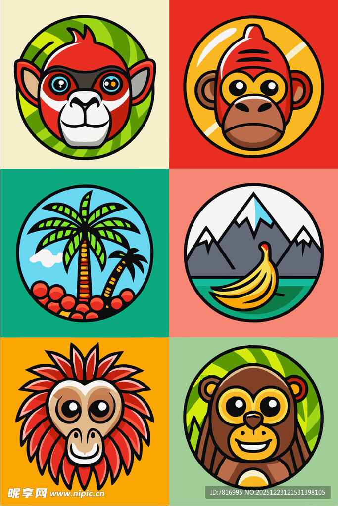 多彩猴子与自然元素图标