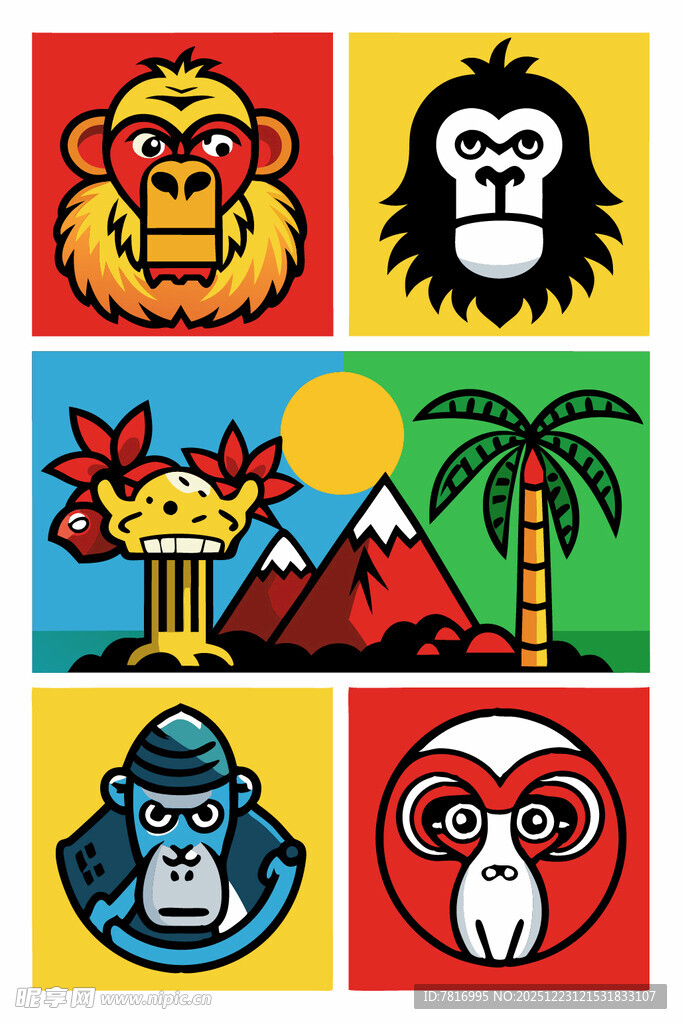 多彩猴子与风景图案集合