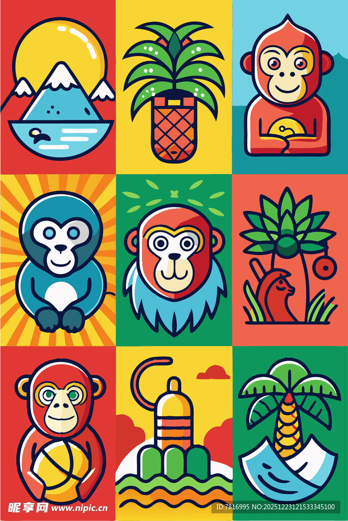 多彩猴子与热带风光图案