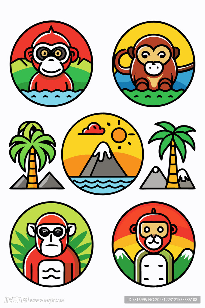 猴子与热带风光图标集