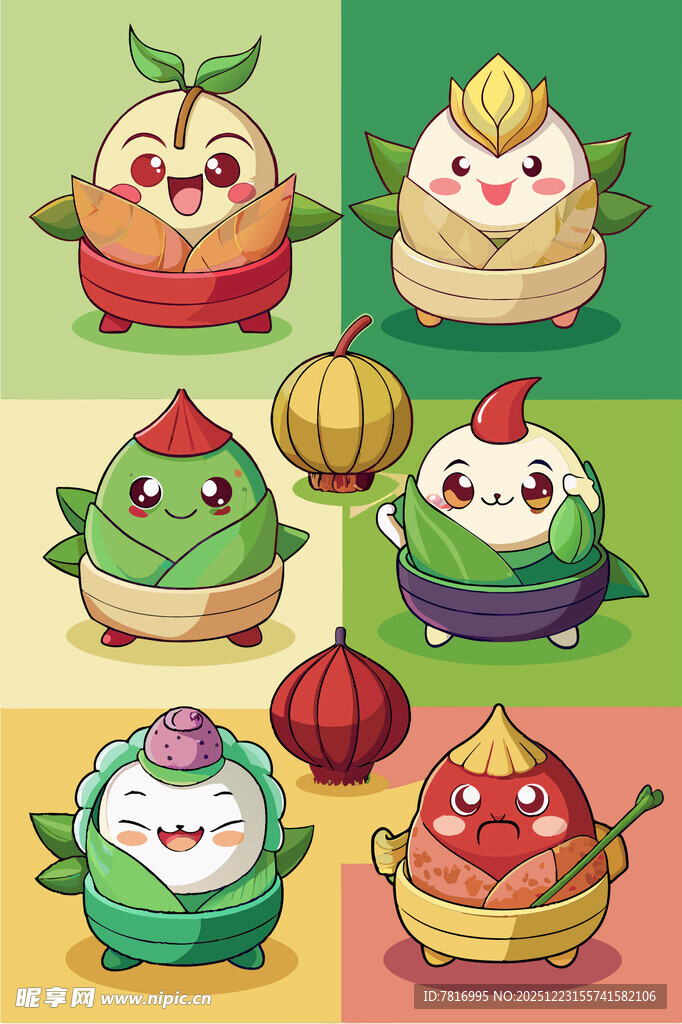 可爱卡通粽子与食物组合