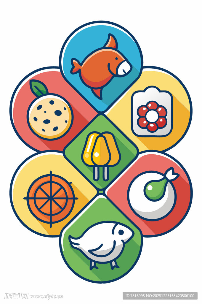 多彩卡通动物与食物图标