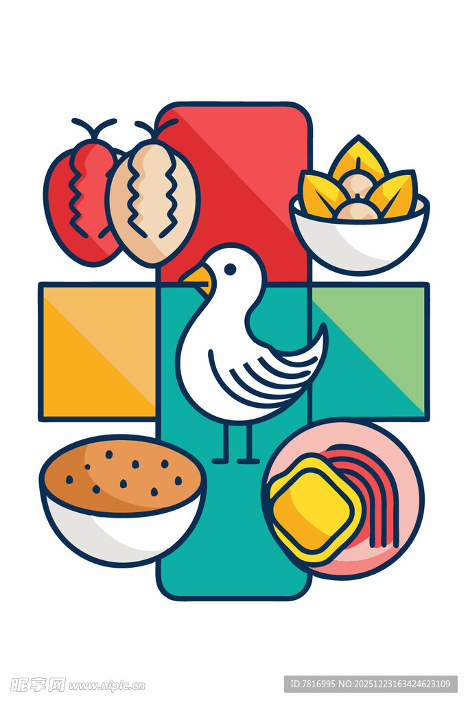 多彩美食与白鸽插画