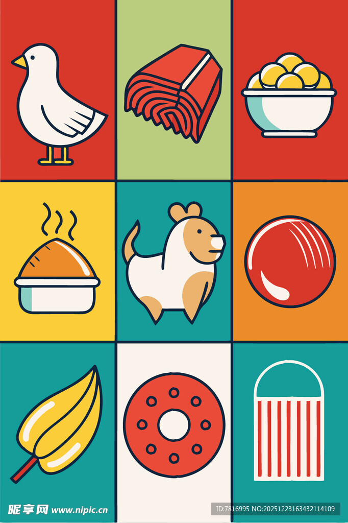 多彩美食与动物图标集合
