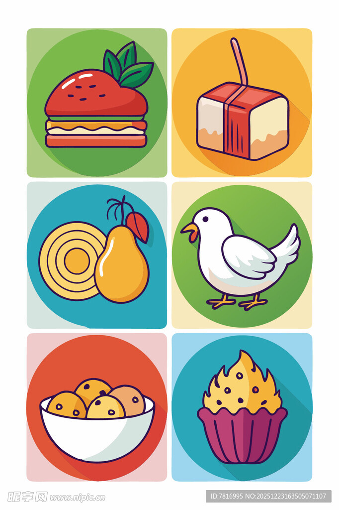 多彩美食与动物图标集合