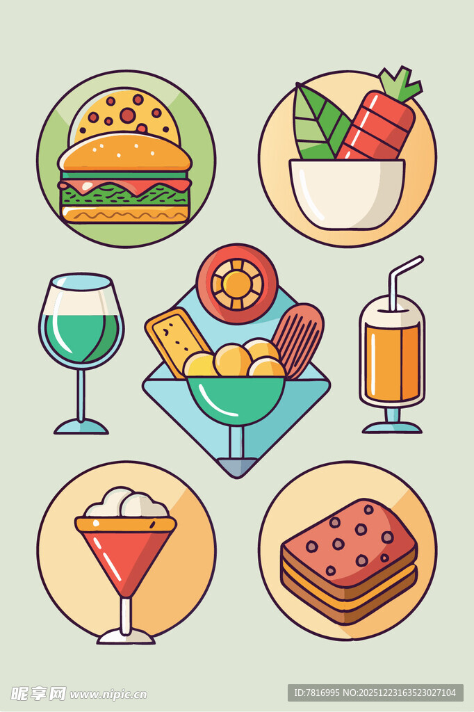 多彩美食与饮品图标集