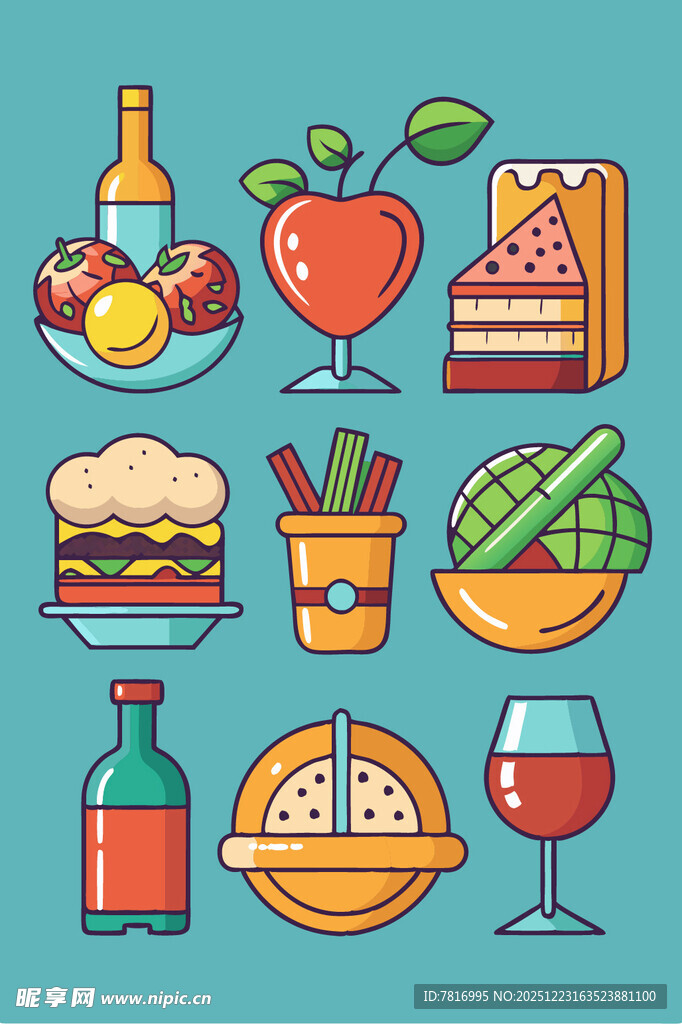 多彩美食与饮品图标集合