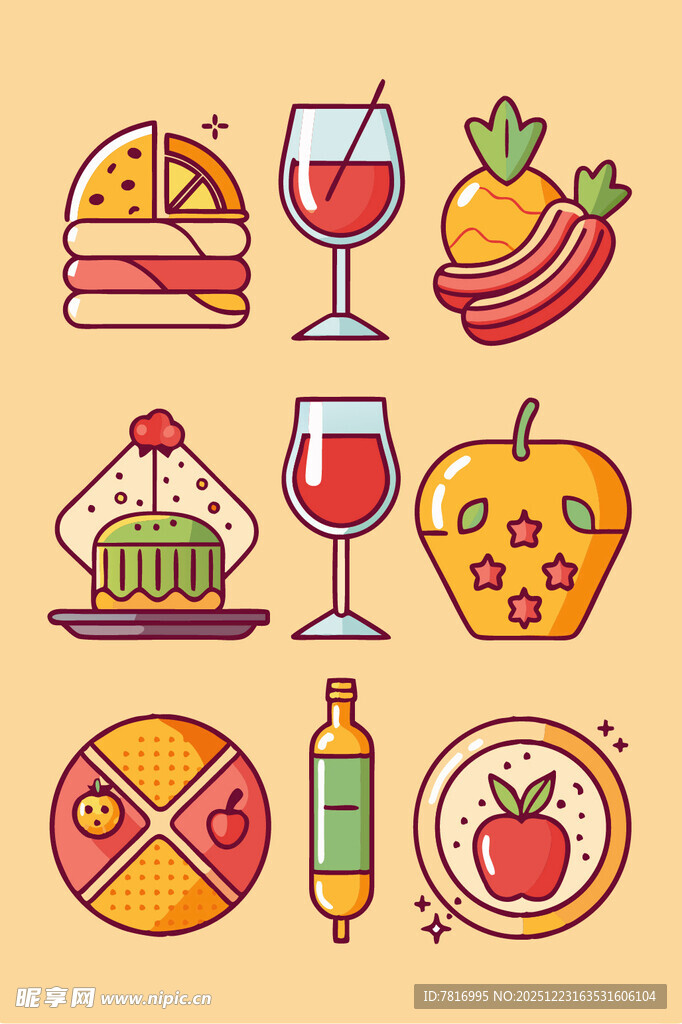 多彩美食与饮品图标集合