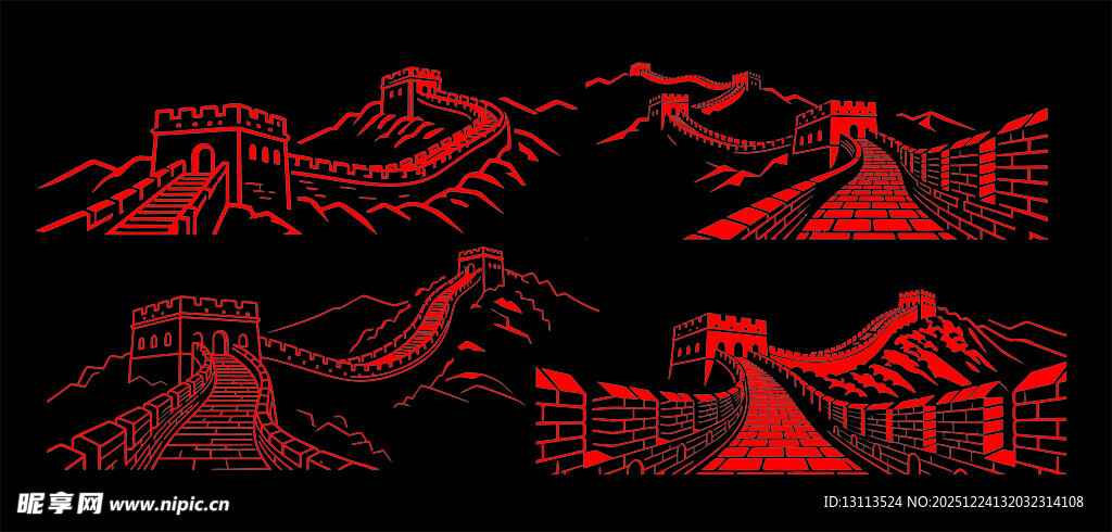 红色山川建筑剪影图案