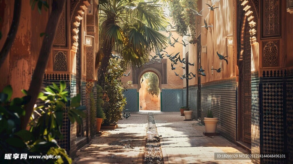 阳光洒落的静谧绿植小巷