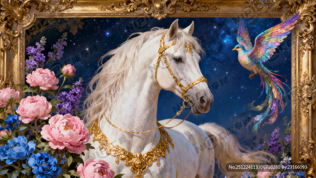 一匹佩戴金饰的白色骏马