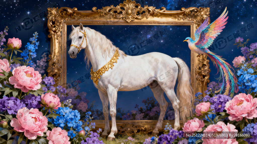 一匹站立的佩戴金饰的白色骏马全