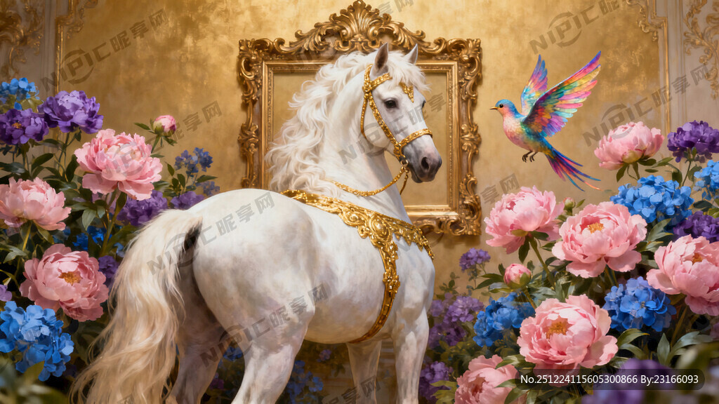 一匹站立在花丛中的佩戴金饰的白