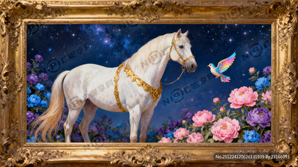 一匹站立在花丛中的佩戴金饰的白