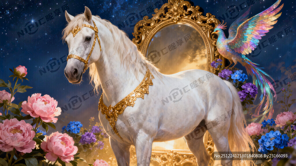 一匹佩戴金饰的白色骏马