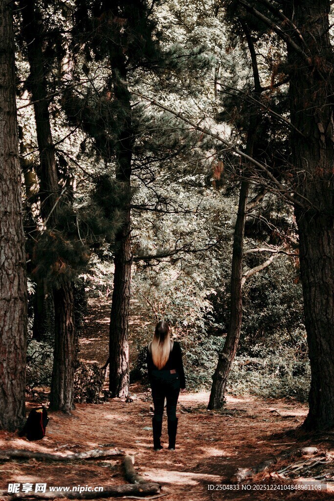 漫步林间小道的背包旅人
