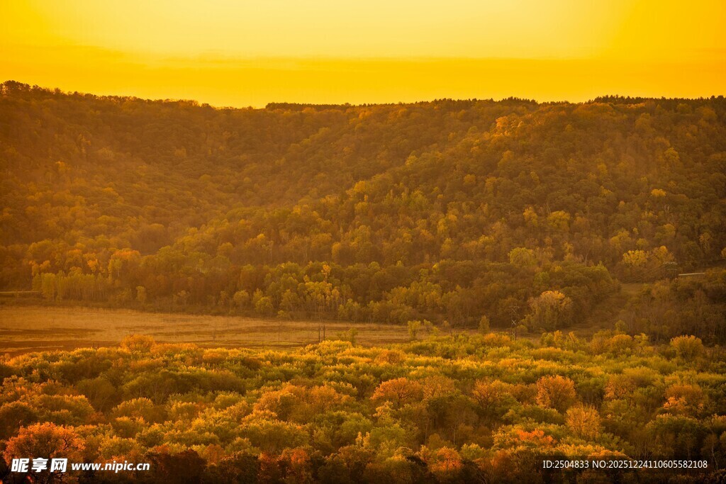 夕阳下的多彩山林美景