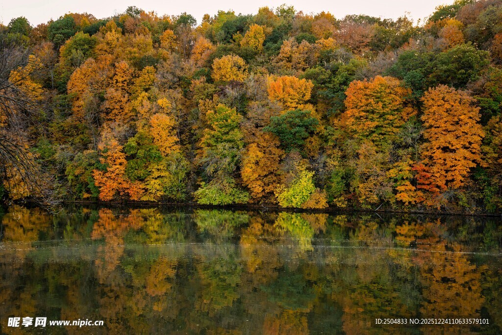 秋日湖畔斑斓树林倒影