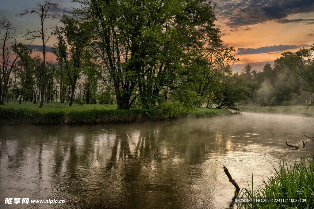 河畔晨景 雾霭中的自然美