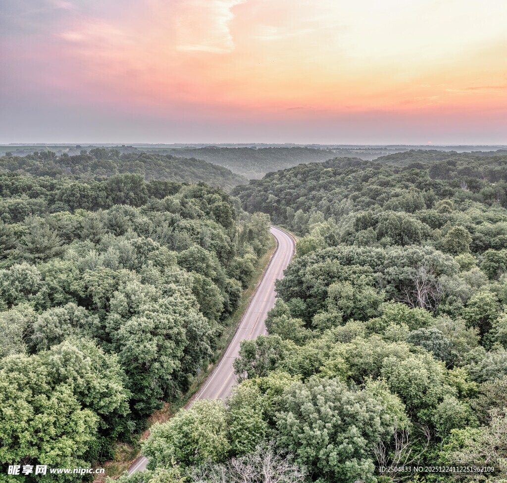 夕阳下蜿蜒于森林的小路