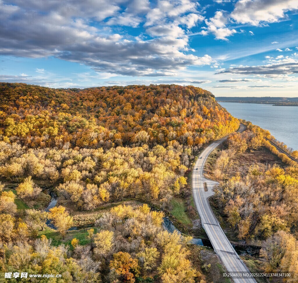 秋日蜿蜒公路旁斑斓山林