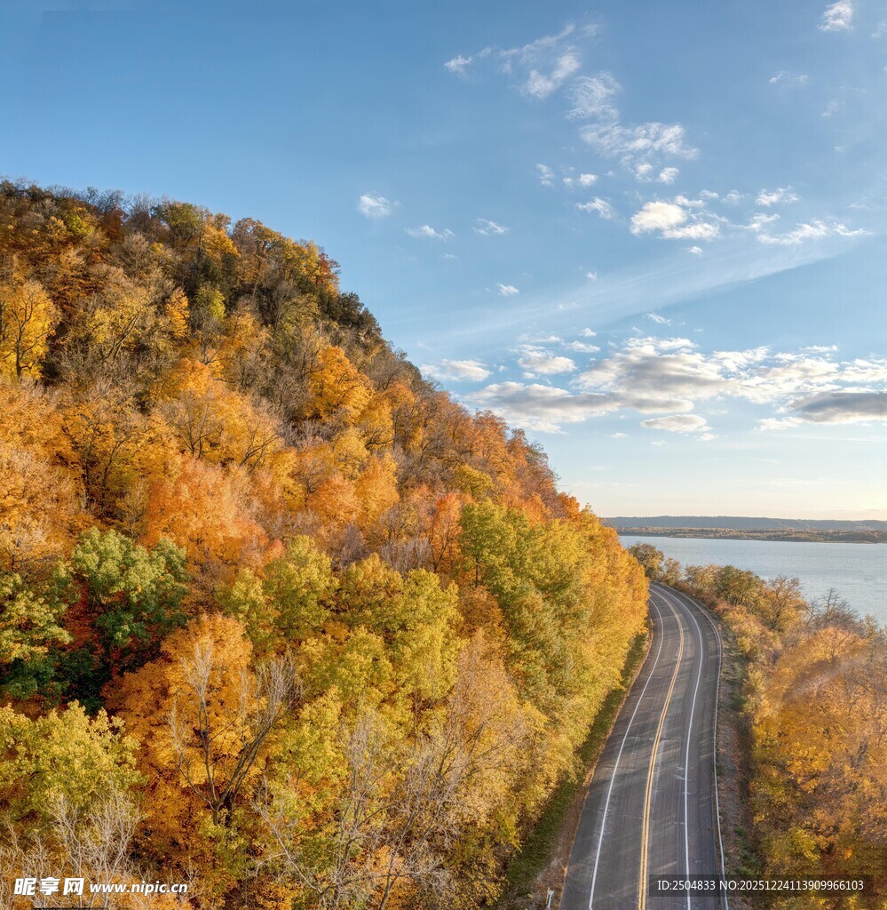秋日公路旁的斑斓山林
