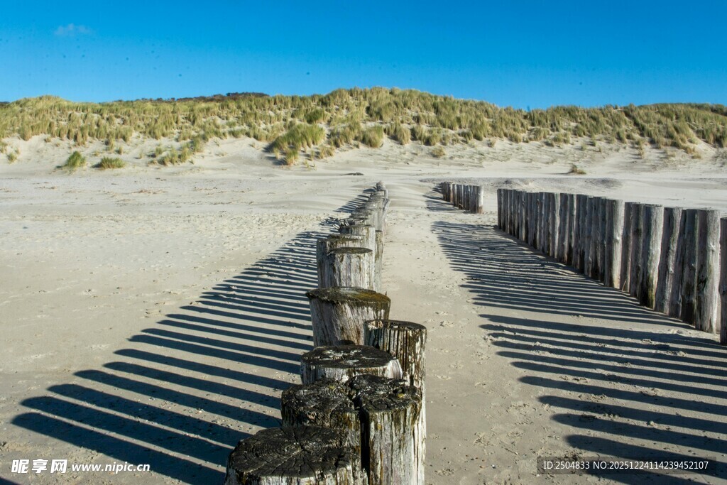 沙滩上的木质防波设施