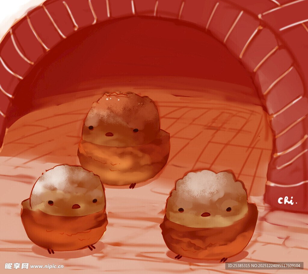 三只萌趣小鸡在红拱门下