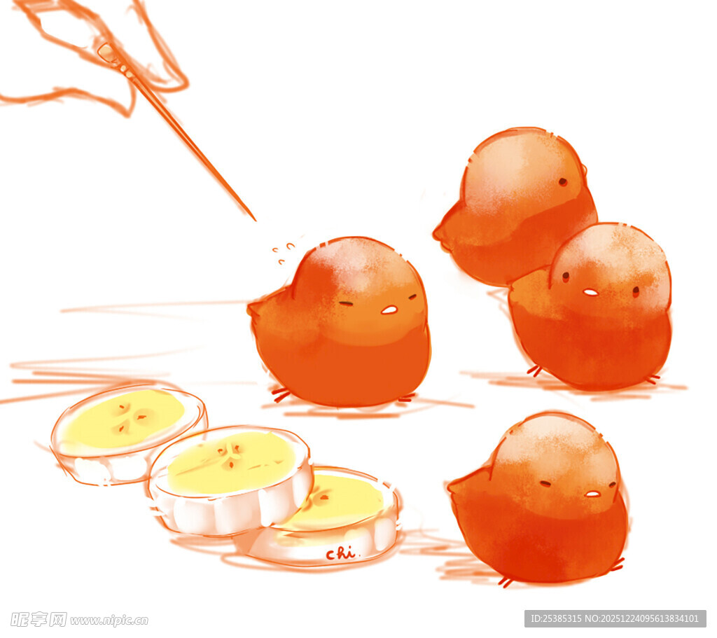 萌趣小鸡与切开的食物