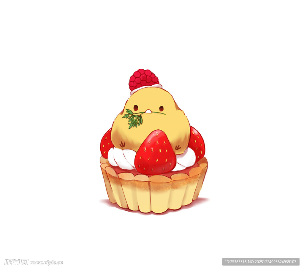 草莓小鸡塔甜点插画