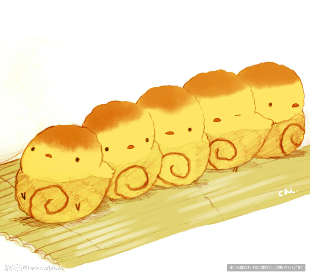 可爱卡通面包卷排成一排