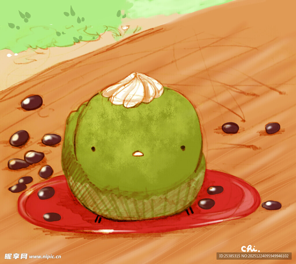 抹茶纸杯蛋糕洒落红豆