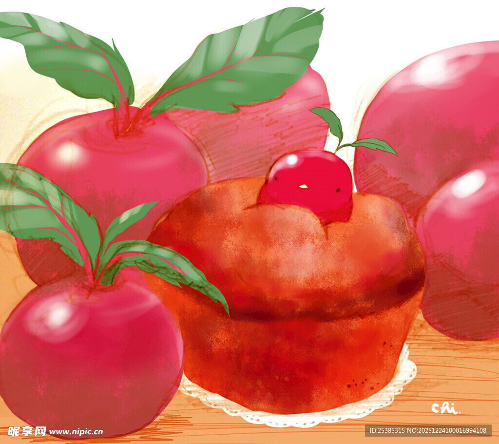 樱桃苹果蛋糕诱人摆拍