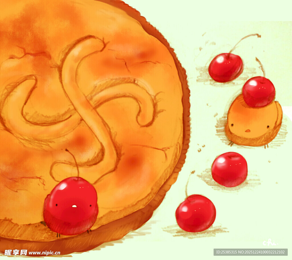 樱桃装饰的美味圆形糕点