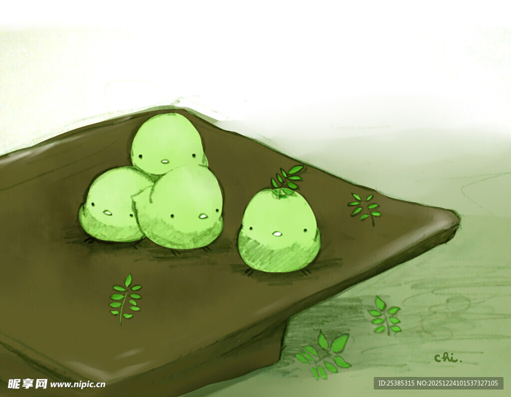 绿色青团摆放在棕色盘上