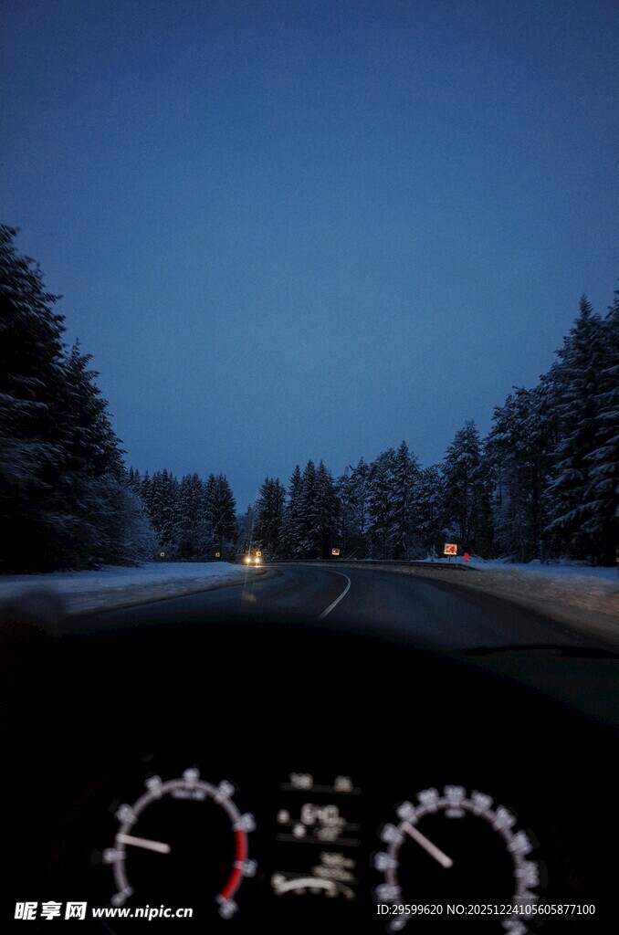 冬夜驾车行驶在林间道路