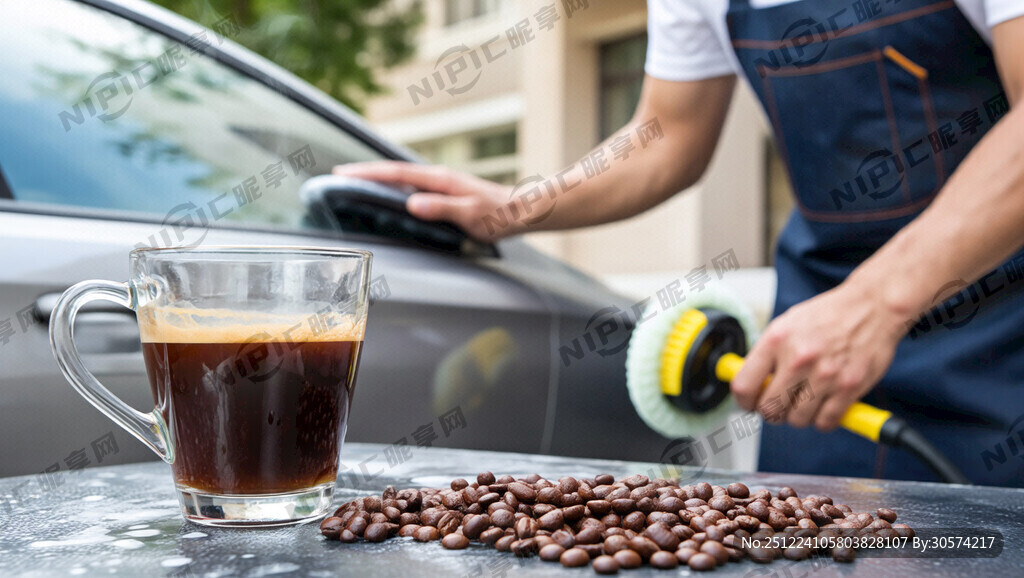 休闲喝咖啡看着工人师傅认真的洗