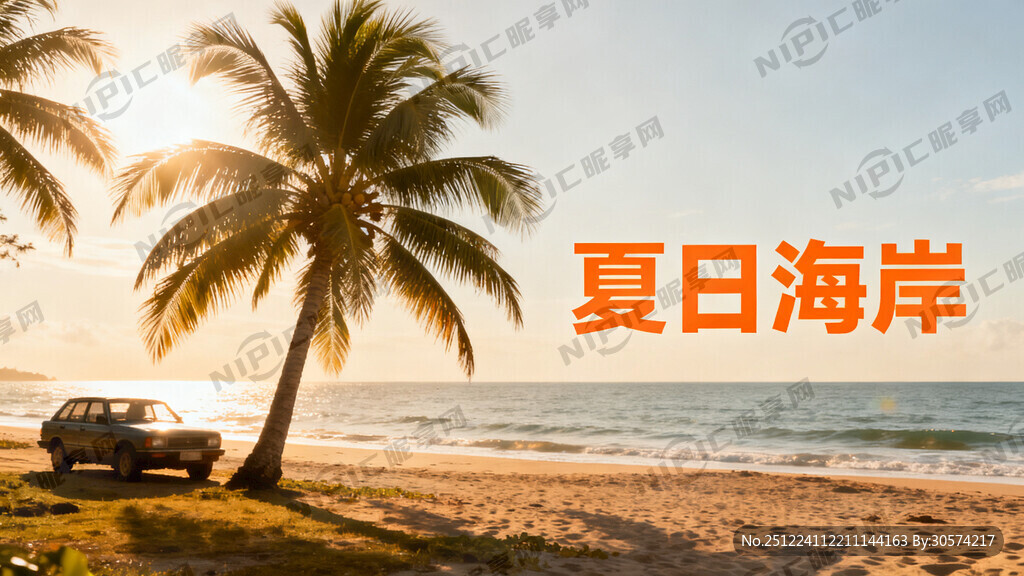 个海边有椰子树的旁边停一辆车右