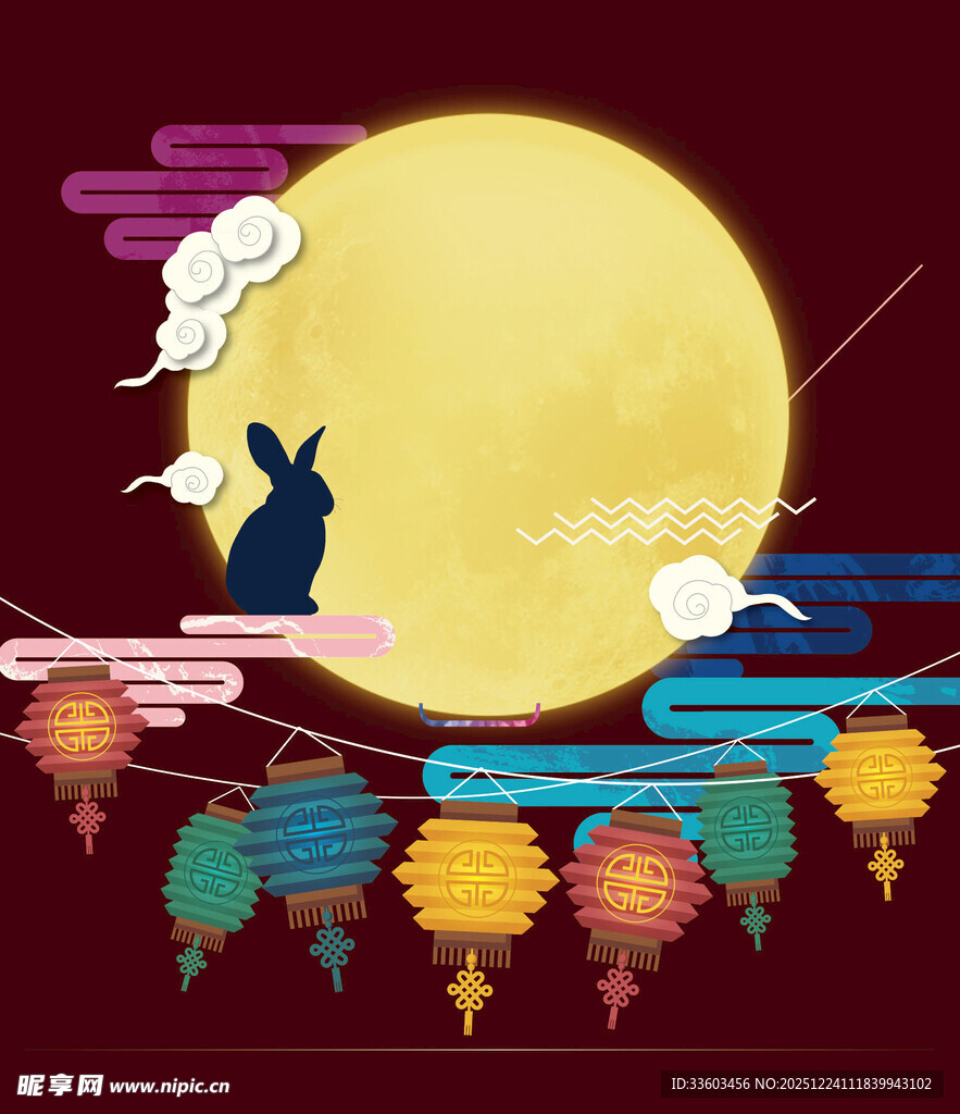 中秋月夜下的玉兔与灯笼