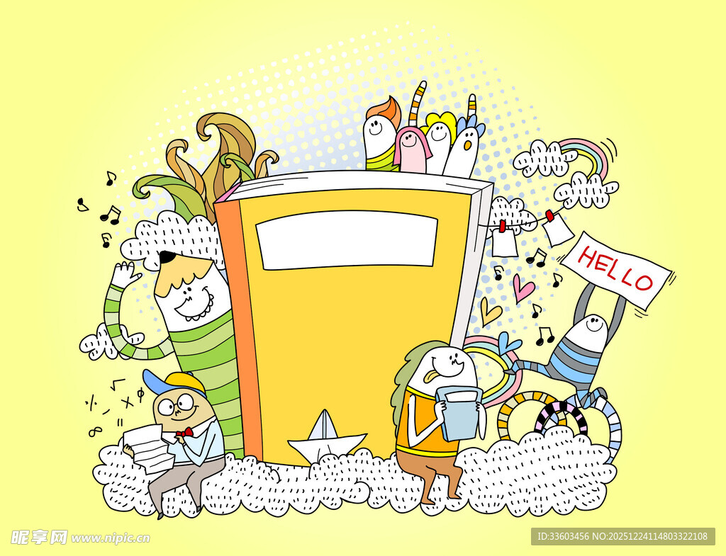 卡通风格的多彩文具书本场景