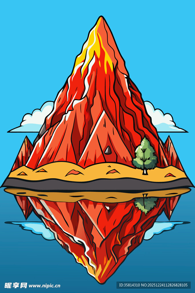 梦幻红色山峰与水中倒影