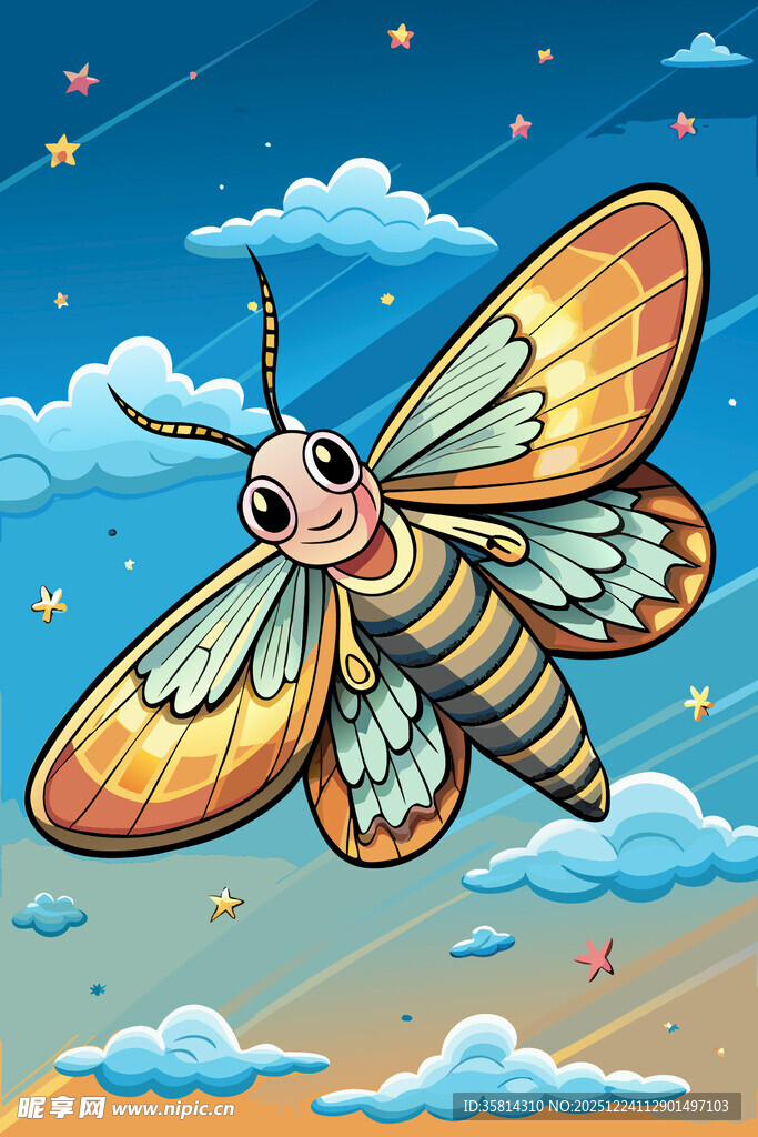 夜空下飞翔的梦幻彩翼飞虫