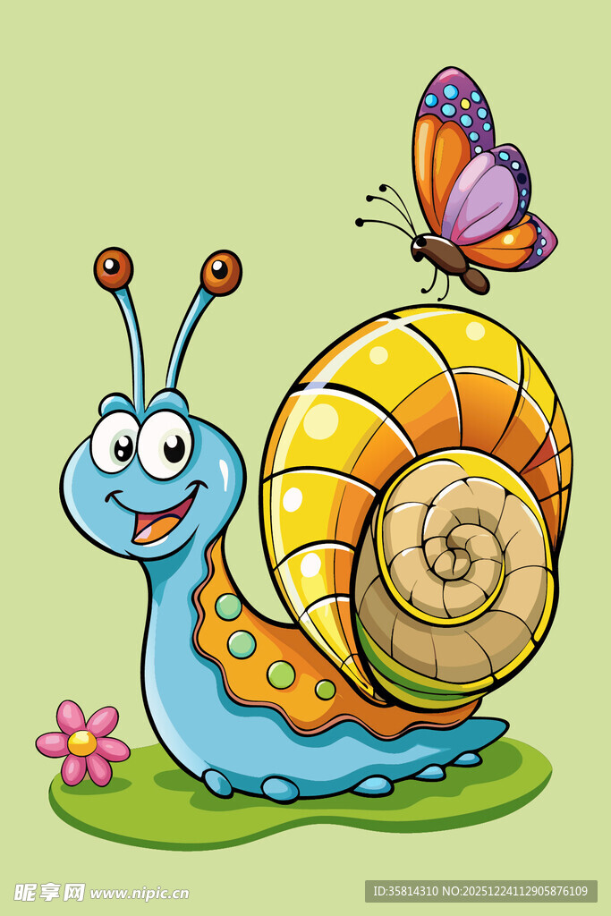 可爱蜗牛与蝴蝶相伴