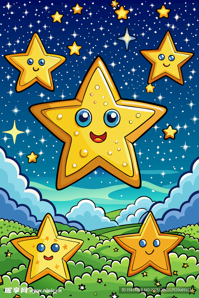 可爱星星在夜空草地闪耀