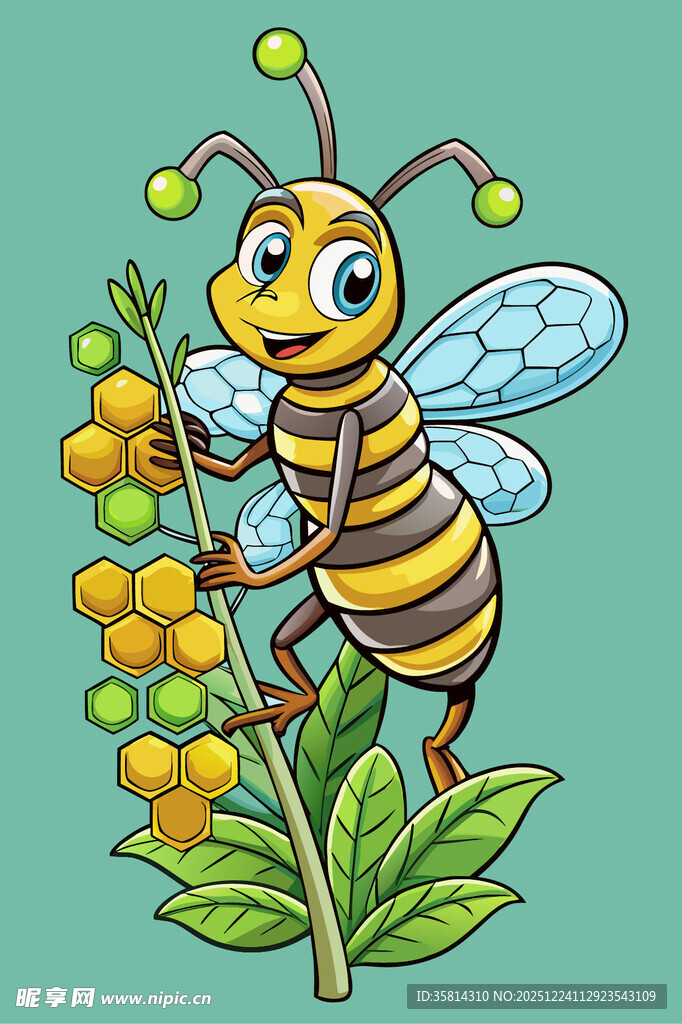 可爱蜜蜂采花插画