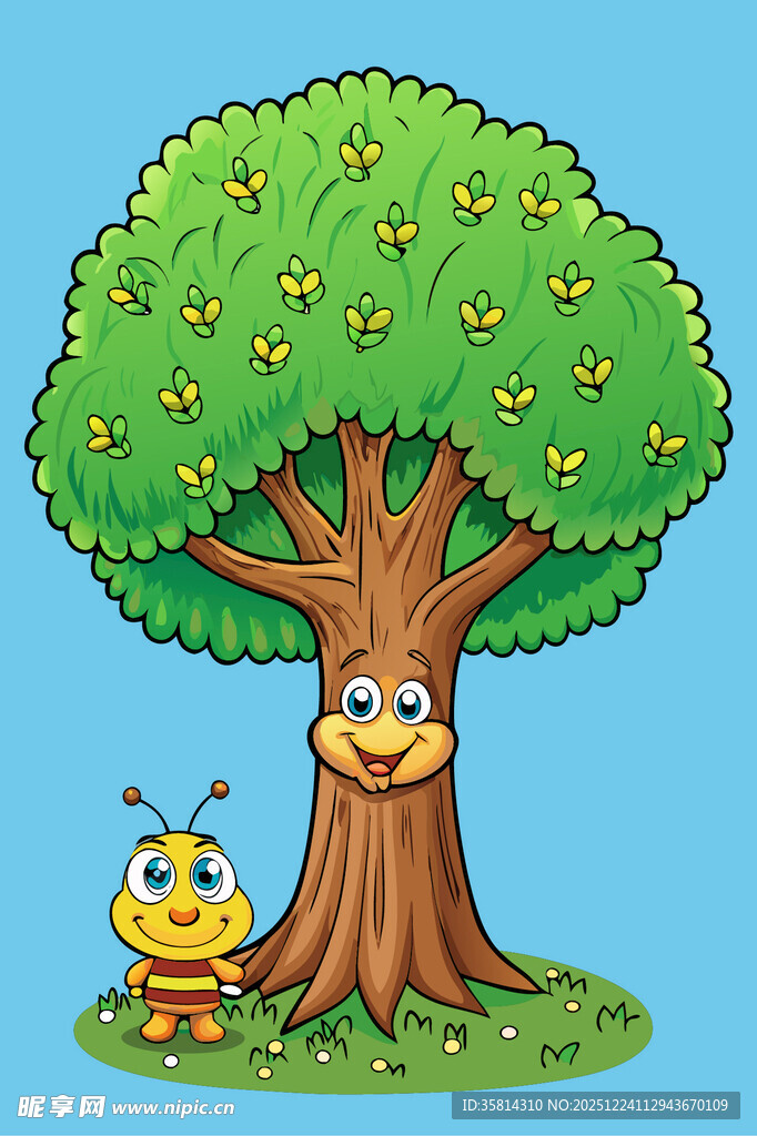 树下萌趣小蜜蜂与大树