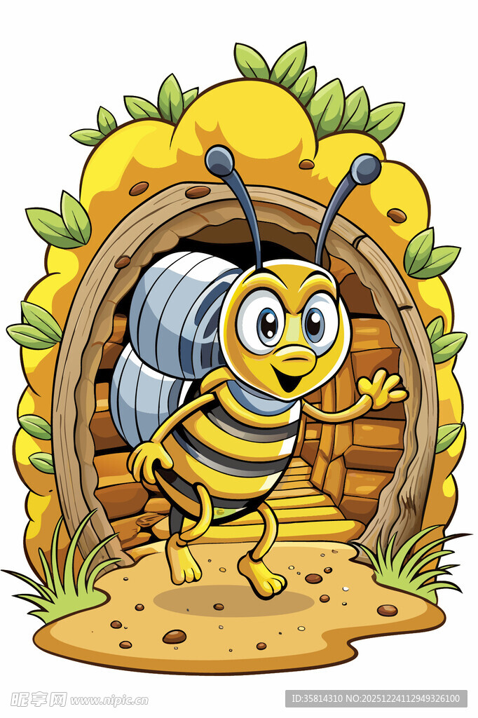 可爱蜜蜂站在蜂巢入口